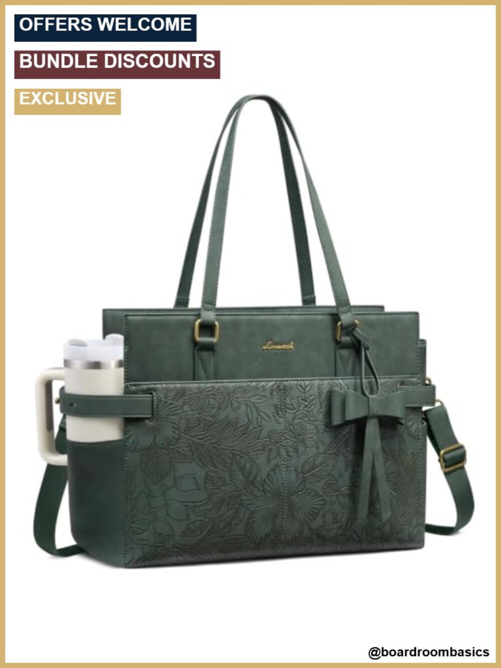 PU Leather Work Tote Laptop Bag with Cup Holder, Fits 15.6" Laptop, Business